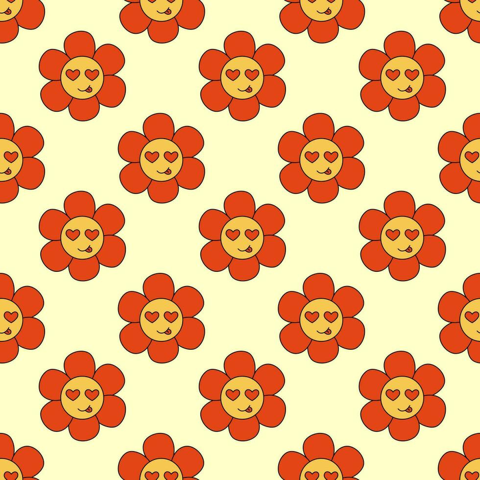 Retro Seamless Pattern 70s 60s 80s Hippie Groovy cute flower shows tongue. Eyes hearts. Smiling face. Valentine Day background. Flower power. Vector illustration.