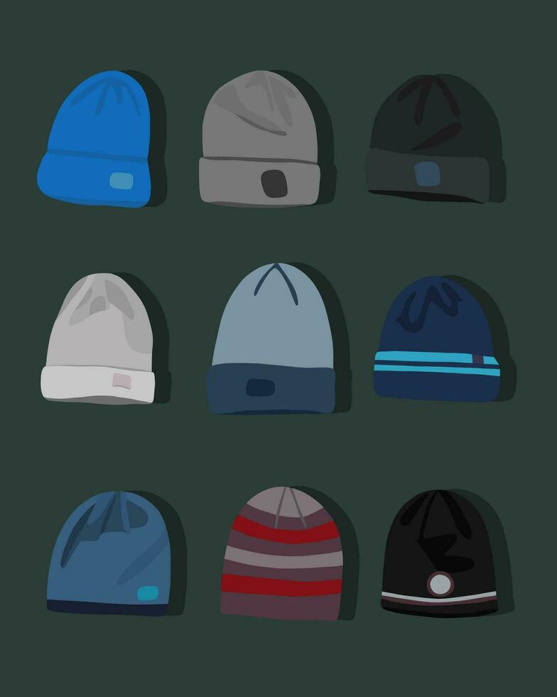 Vector isolated illustration of set of winter hats.