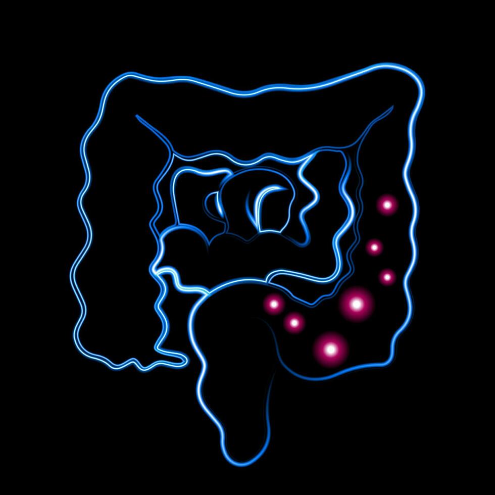 Vector illustration of human intestine with neon effect.Constipation.