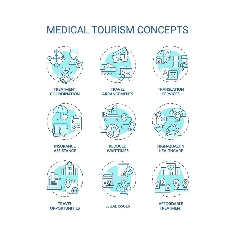 Set of 2D editable blue thin line icons representing medical tourism. Isolated monochromatic vector. Linear illustration vector