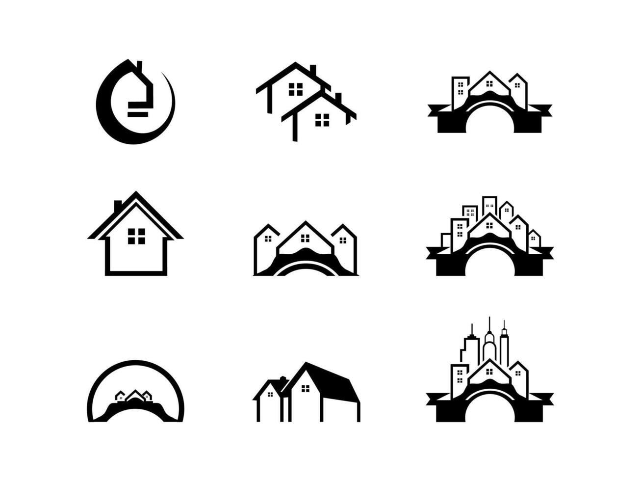 ciudad, ciudad, edificio icono conjunto sencillo centro, rascacielos, metrópoli sólido icono firmar concepto. vector