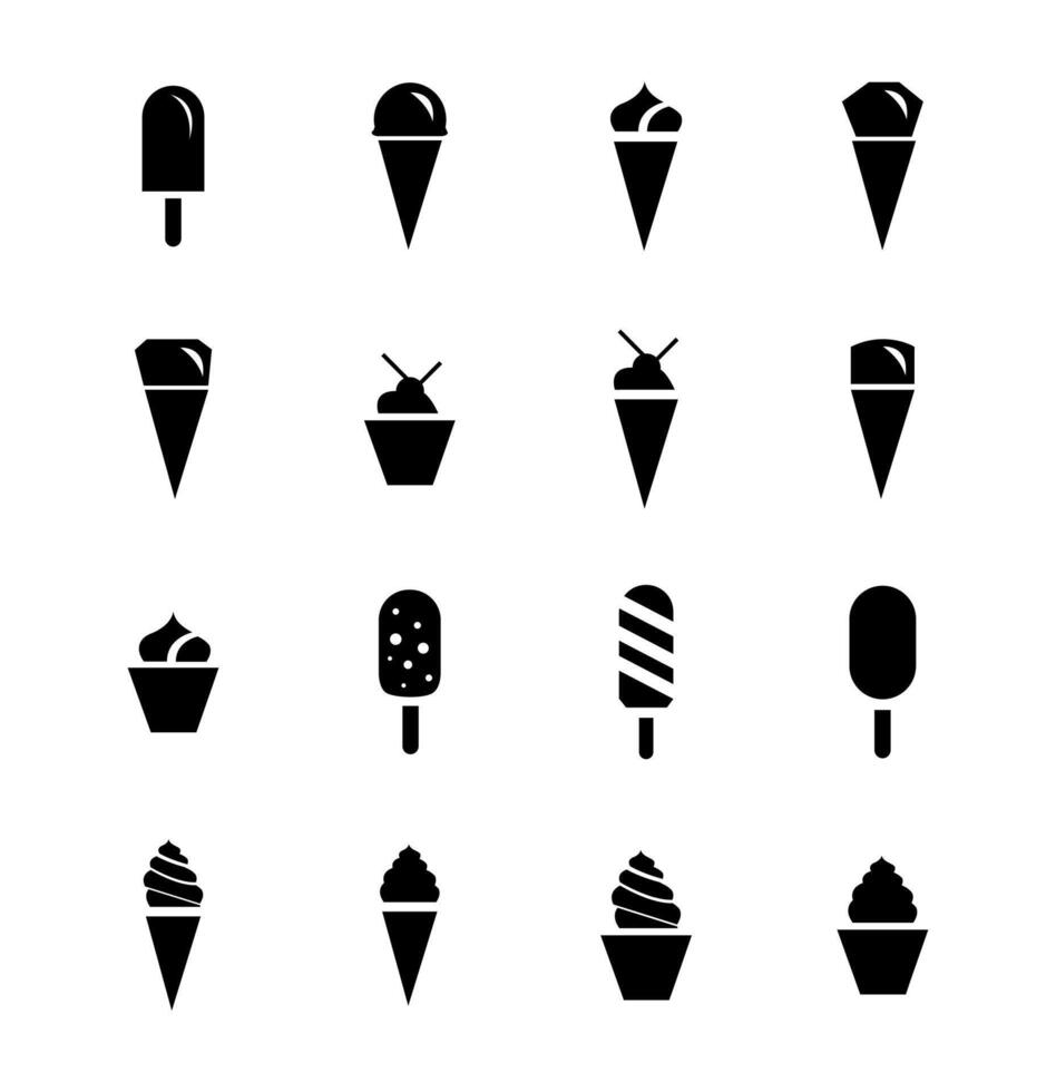 Ice cream black silhouette icons set on white. Balls in waffle cone, soft serve sundae in glass, popsicle on stick. vector