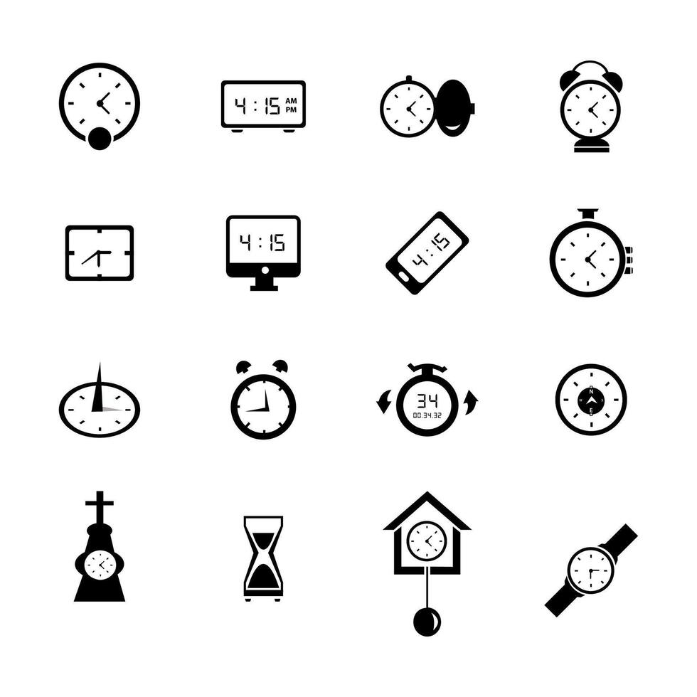 Time and clock icon set, timer, speed, alarm, restore, management, editable vector