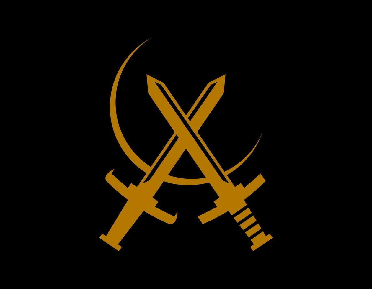 Swords and crescent with gold colour isolated on black. Minimal luxury symbol of weapon. Vector illustration of sword with moon concept.