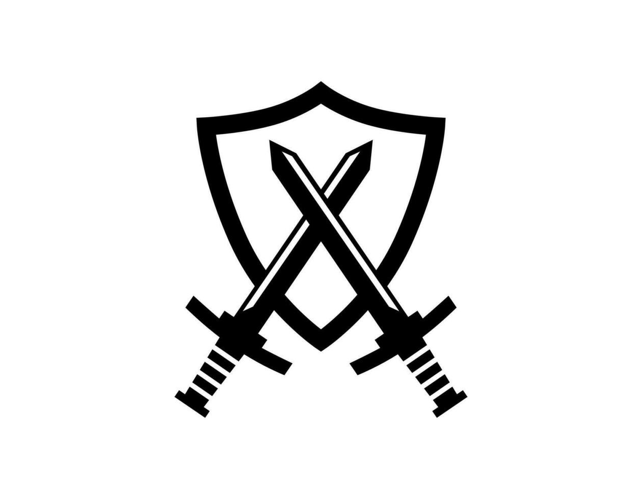 Swords and shield icon with black. Minimal luxury symbol of weapon or battle. Vector illustration of sword with protection concept.