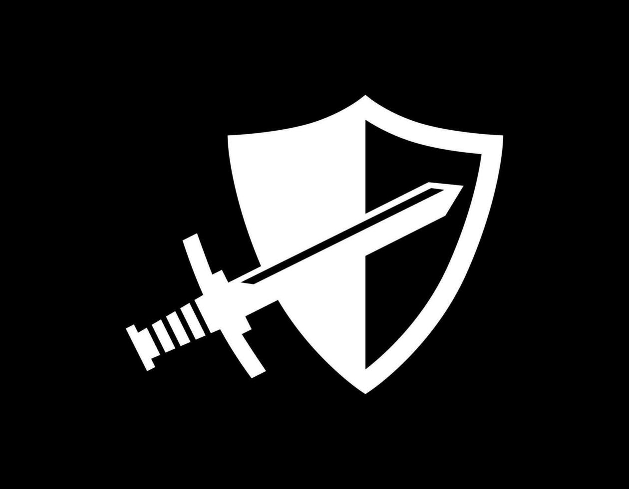 Single sword and shield emblem with black. Minimal luxury symbol of weapon or battle. Vector illustration of sword with protection concept.