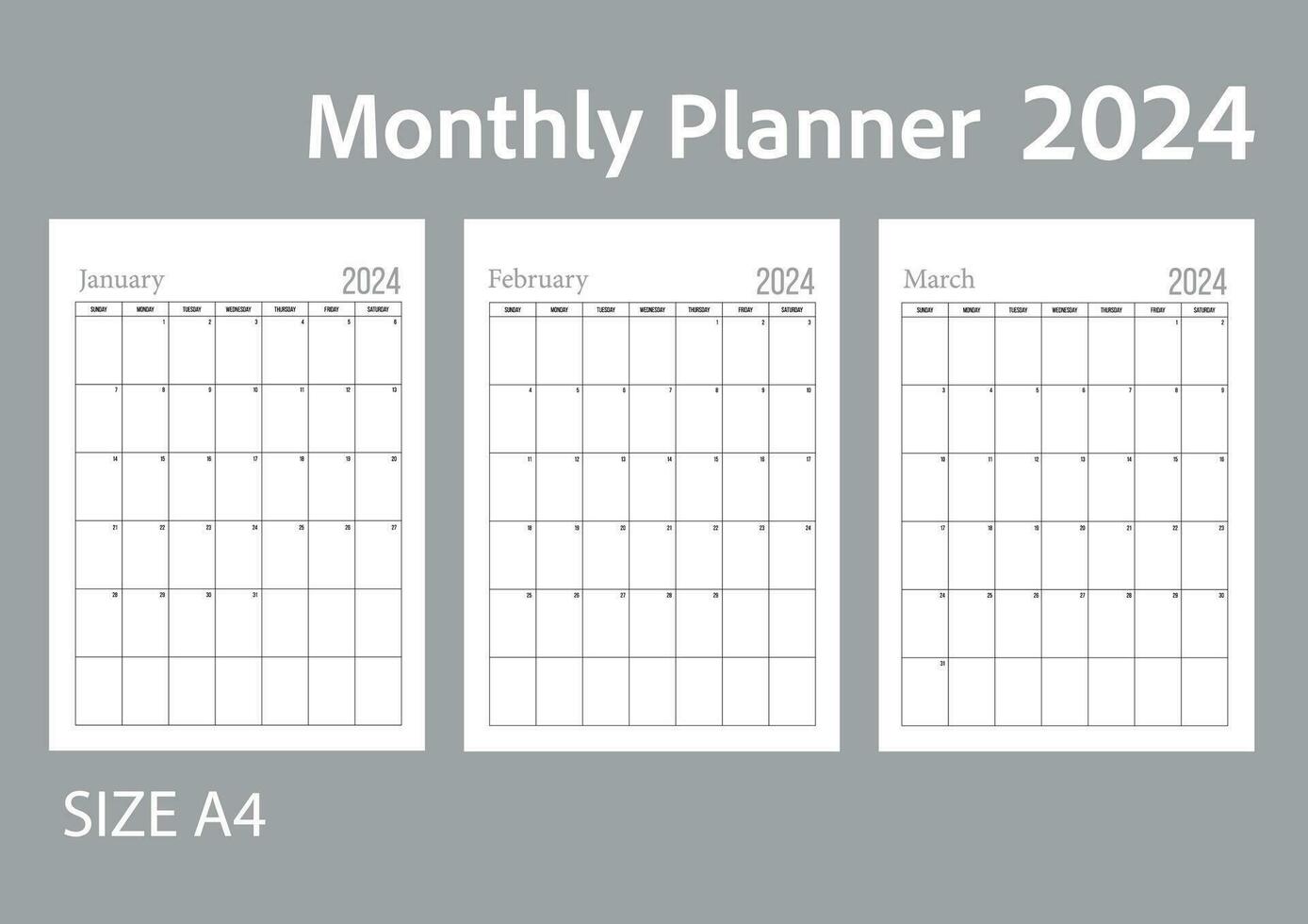 Blank monthly planner, set of 3 month of year 2024 start at Sunday without holiday. vector