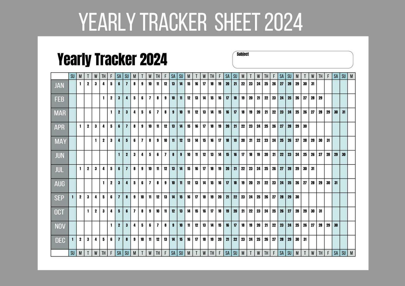 Blank year tracker Sheet, habit tracker, start on Sunday, 2024 calendar template. vector