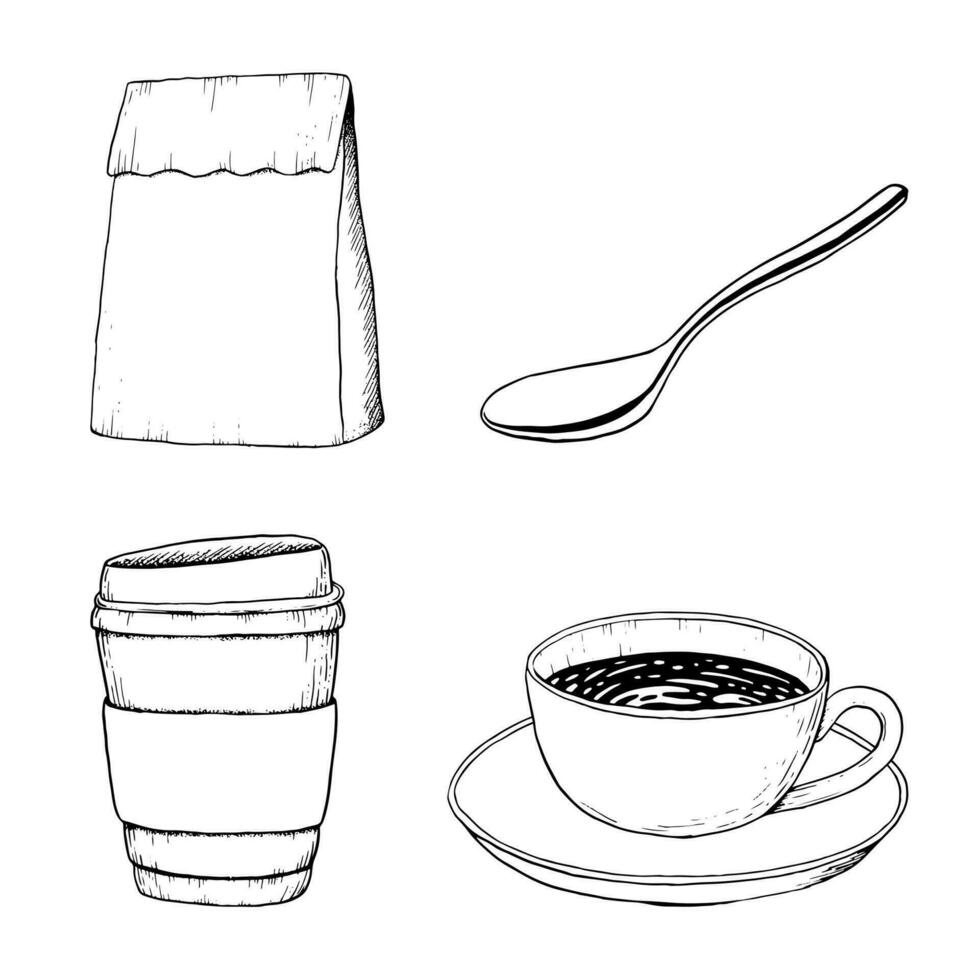 Take out coffee cup, hot cocoa mug with spoon and paper craft bag vector black and white illustration set for breakfast and coffee break designs, cafe, restaurant food menus