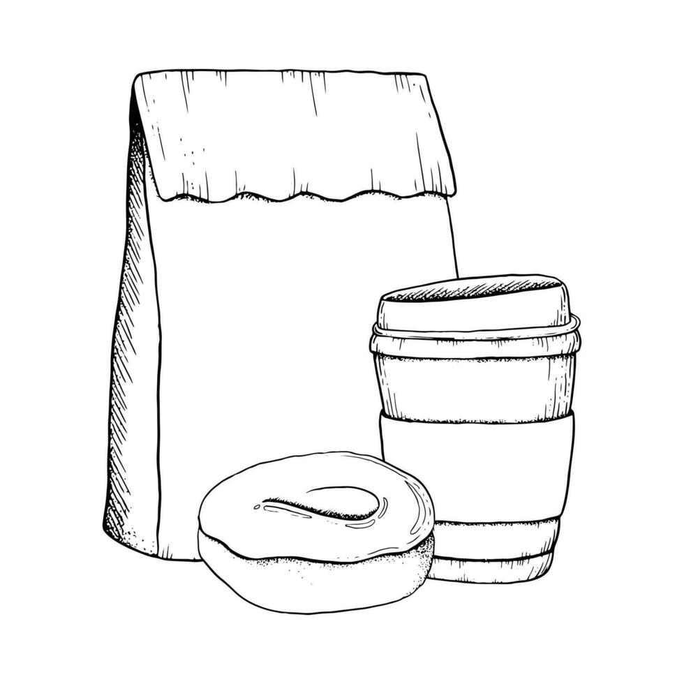 Takeaway coffee cup, glazed donut and paper craft bag black and white vector illustration for breakfast, lunch and coffee break designs, cafe, food menus