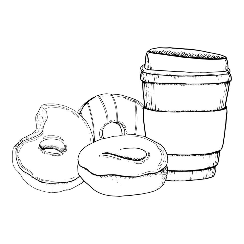 Vector donuts with glaze and coffee to go cup black and white graphic illustration. Delicious round doughnuts for bakeries and pastry breakfast designs