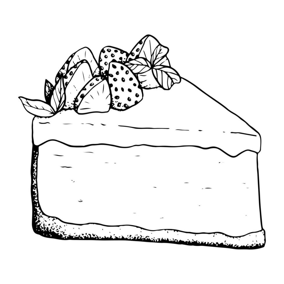 Vector strawberry cheesecake dessert black and white illustration. Delicious triangle cake piece with berries and mint leaves sketch for bakery