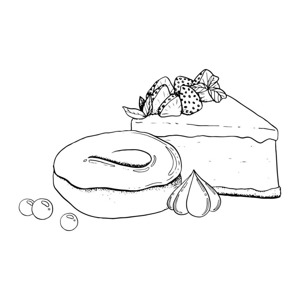 Strawberry cheesecake dessert with glazed donut and candies vector black and white illustration. Delicious food clipart for cafe or bakery menu