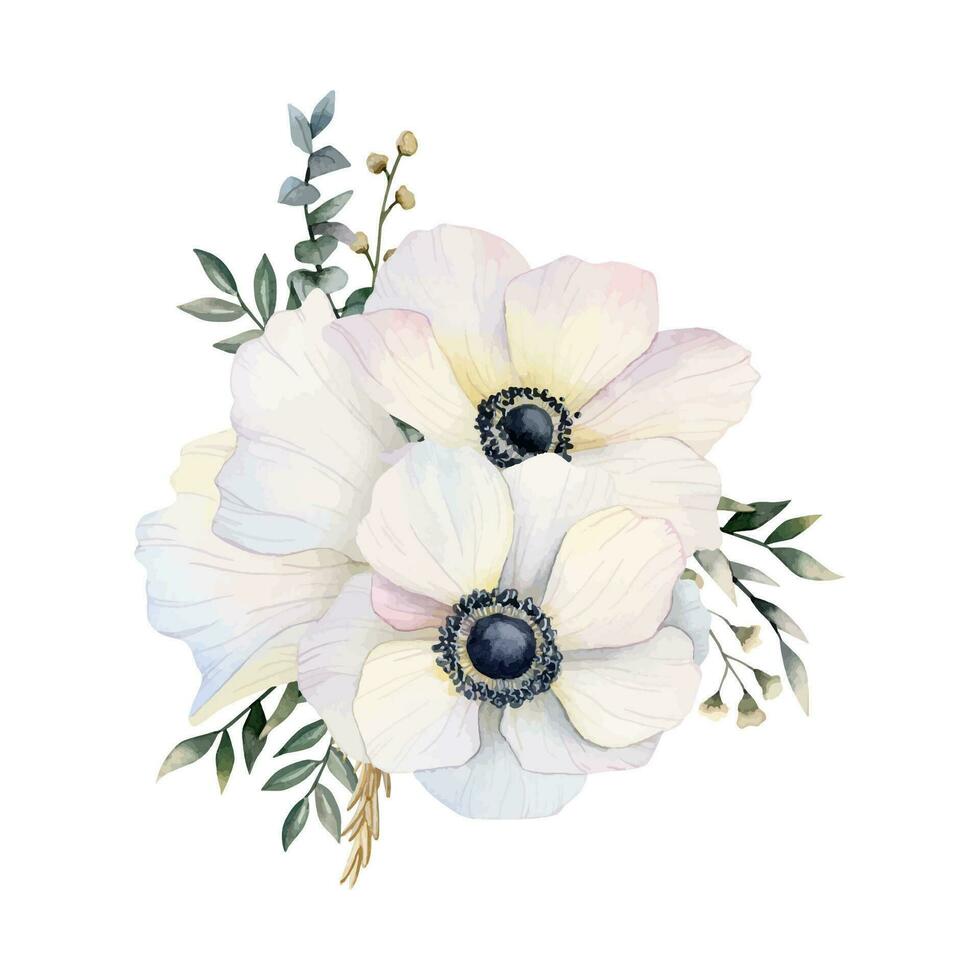 White anemones flowers bouquet with field poppies, eucalyptus and grass watercolor vector illustration for spring designs