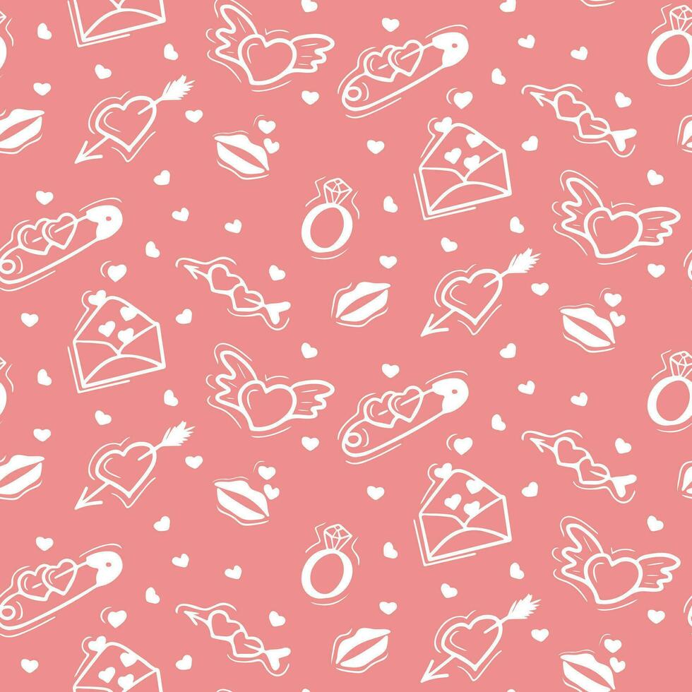 Romantic seamless pattern with outline elements related to Valentines day. Vector isolated white elements on pink background. Trendy print design for textile, wallpaper, interior decoration
