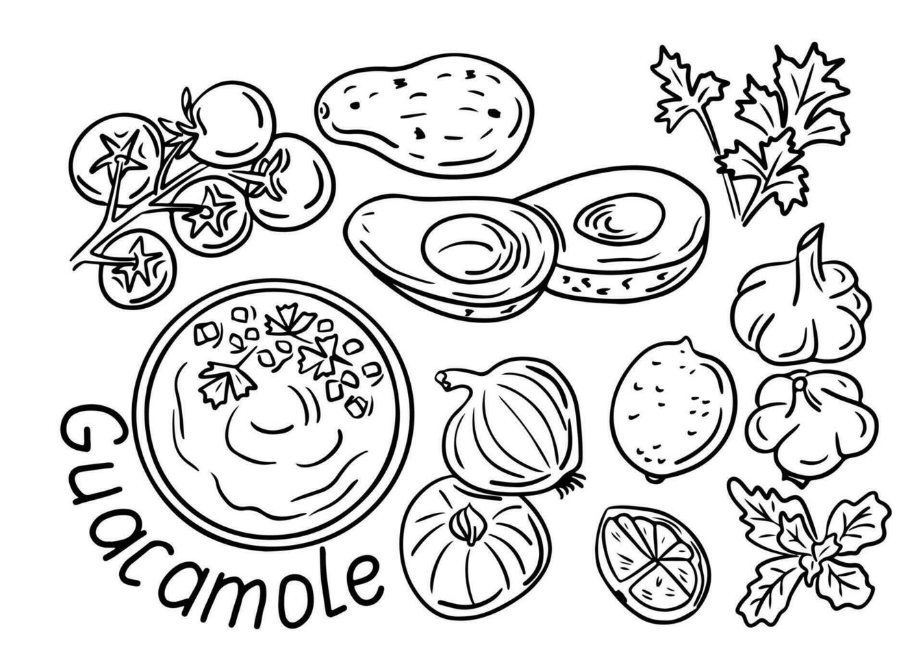 Guacamole ingredients doodle set. Food illustration. Sketch contour hand drawn vegetables, lettering and mexicans meal. Ideal for coloring pages, tattoo, pattern vector