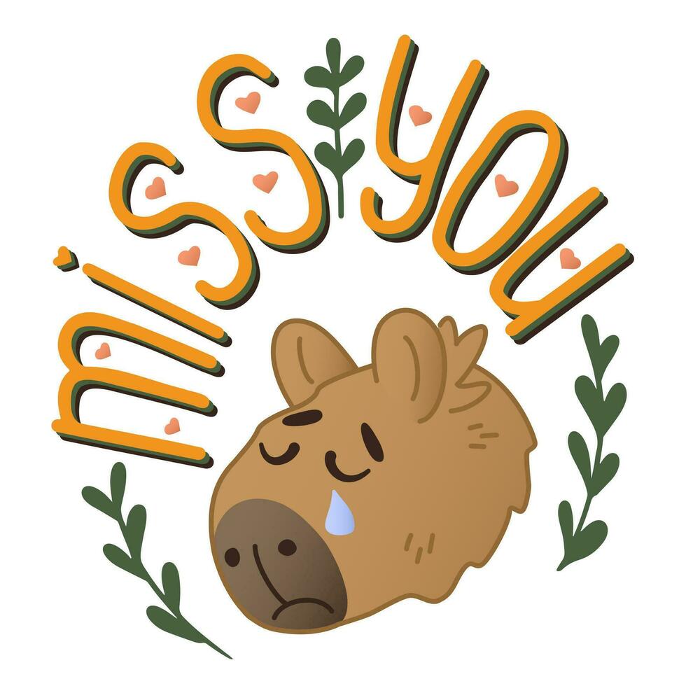 Sad capybara love typographic illustration. St Valentines day concept. Cute flat animal character with heart and floral elements. Isolated illustration on white background. Good for printout vector