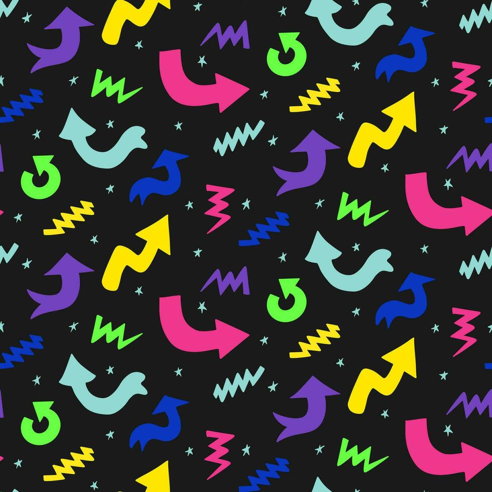 90s style neon colored vintage seamless pattern on black background. Different type of direction signs, hand drawn arrows, stars and abstract drawing. Good for social media graphics, background vector