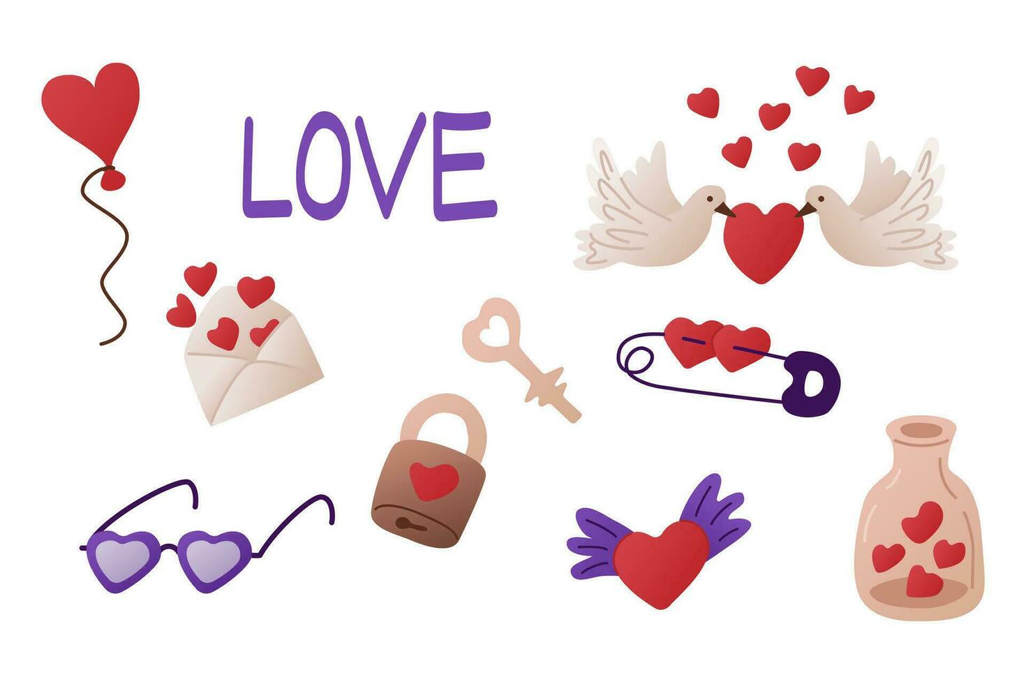 Romantic flat elements for Valentines day. Vector isolated stickers with hearts, balloon, birds and keys. Sticker set for Valentines day on white background.