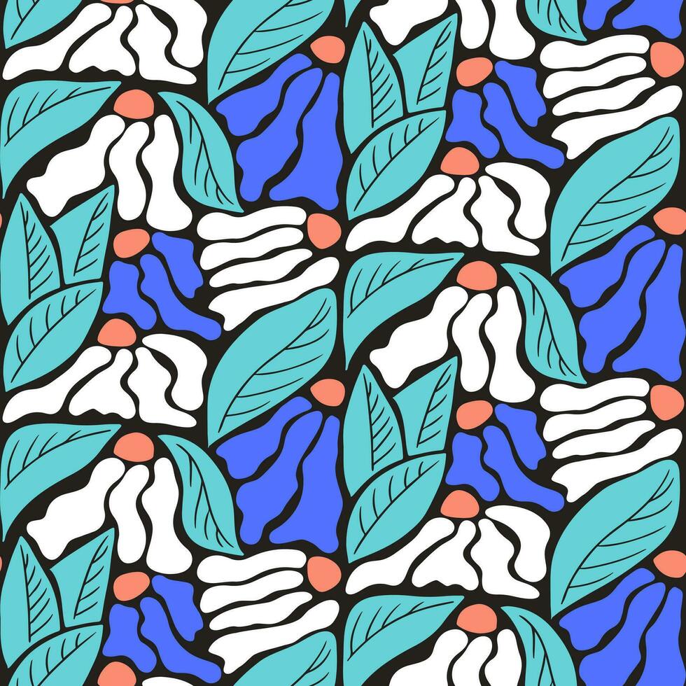 Bold colored abstract floral seamless pattern on black background. Flat hand drawn cut out flowers, leaves in bright colors. Unique retro print design for textile, wallpaper, interior, wrapping paper vector