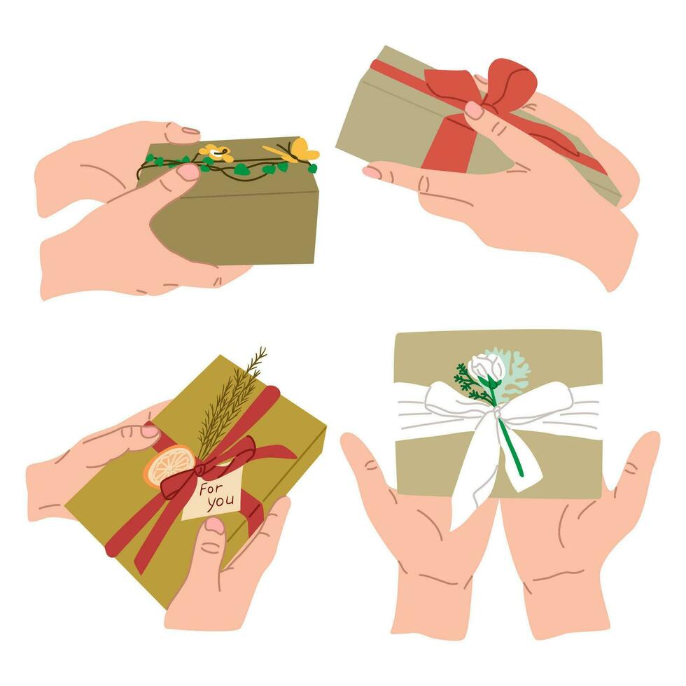 Set of hands with modern gifts on holiday. Four pare of hands giving gifts.  Ideal for sticker, printout, pattern vector