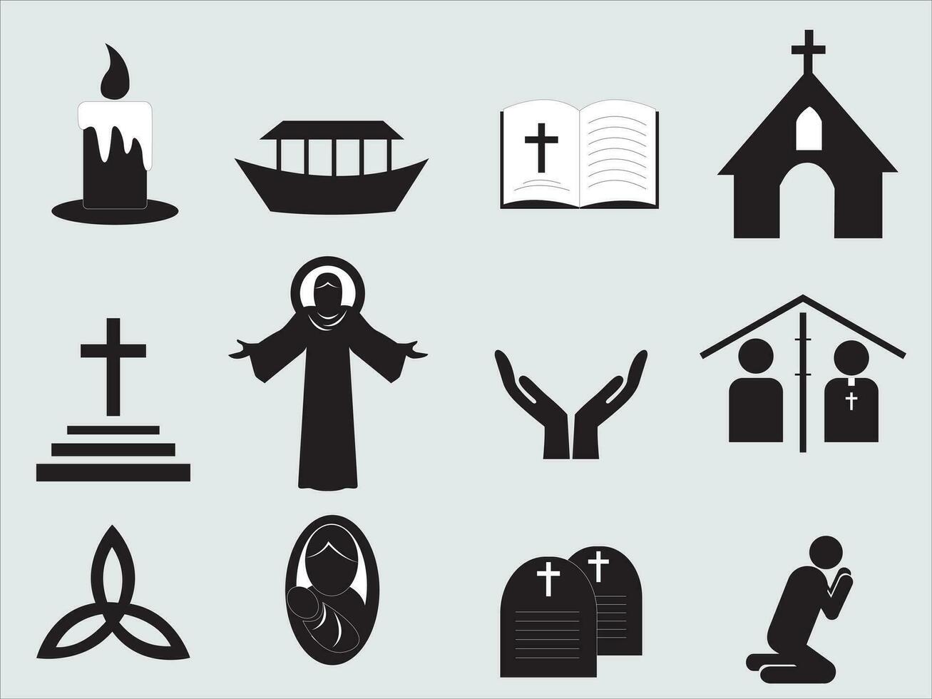 Christianity icon. Black Flat Design. cross, standing jesus, candles, church and more. Vector Illustration.