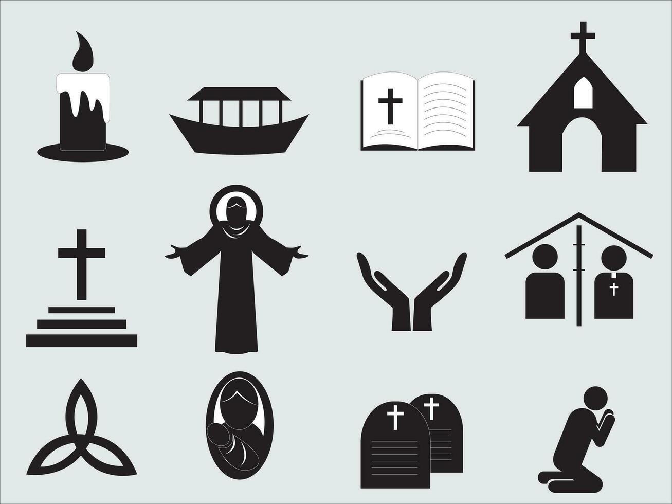 cristiandad icono. negro plano diseño. cruz, en pie Jesús, velas, Iglesia y más. vector ilustración.