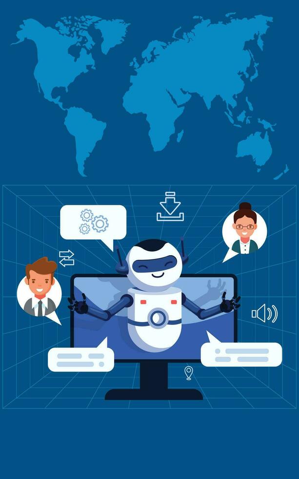 Cute cartoon robot. Chatbot technology, isometric. Technology and engineering. AI chat bot based on artificial intelligence and neural networks. AI Content Creator. vector