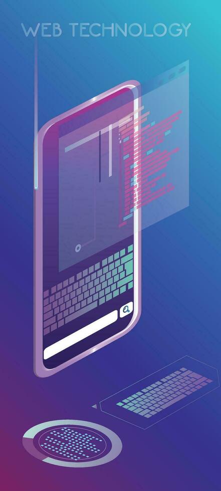 Smartphone with business graphs and analytical data. Programming, cross-platform code testing. Analysis trends and software development coding process concepts. vector