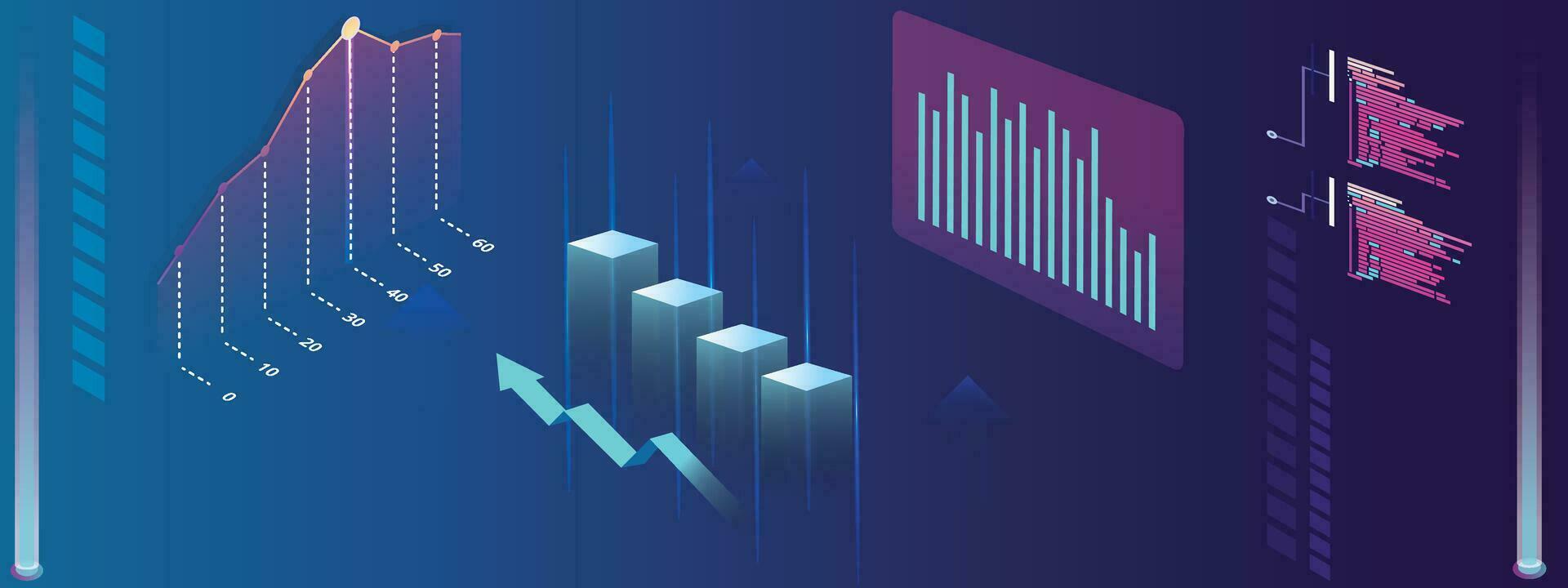 High-tech hologram with shining investment financial data vector graphic. Stock market graph with rising candlestick. Infographic elements