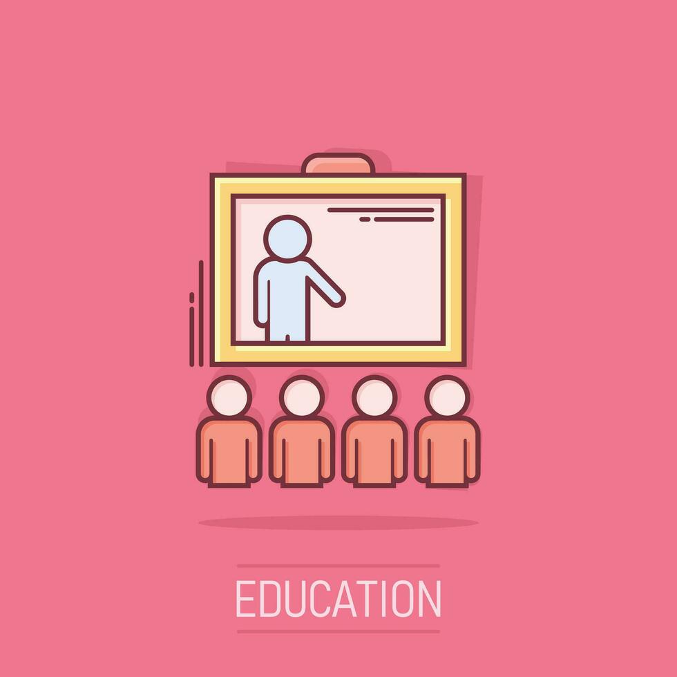 Training education icon in comic style. People seminar vector cartoon illustration pictogram. School classroom lesson business concept splash effect.