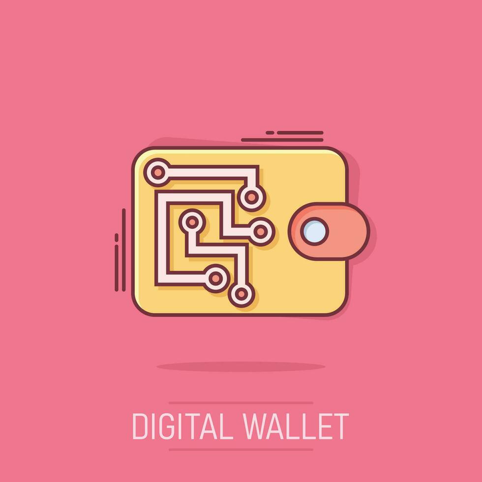 Digital wallet icon in comic style. Crypto bag vector cartoon illustration pictogram. Online finance, e-commerce business concept splash effect.