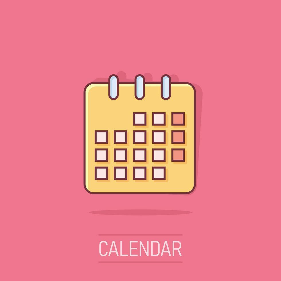 icono de agenda de calendario en estilo cómico. pictograma de ilustración de dibujos animados de vector de planificador. efecto de salpicadura de concepto de negocio de calendario.