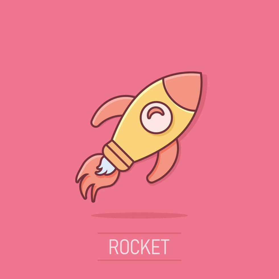 Rocket space ship icon in comic style. Spaceship vector cartoon illustration pictogram. Rocket start business concept splash effect.