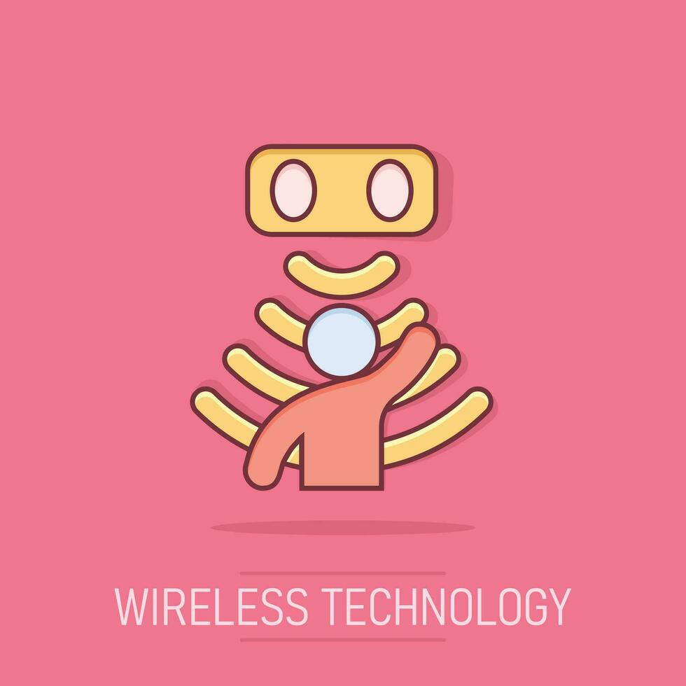 Motion sensor icon in comic style. Sensor waves with man vector cartoon illustration pictogram. People security connection business concept splash effect.