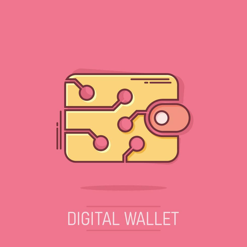 Digital wallet icon in comic style. Crypto bag vector cartoon illustration pictogram. Online finance, e-commerce business concept splash effect.