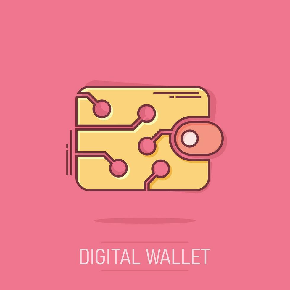 ícono de billetera digital en estilo cómico. pictograma de ilustración de dibujos animados de vector de bolsa criptográfica. finanzas en línea, efecto de salpicadura del concepto de negocio de comercio electrónico.