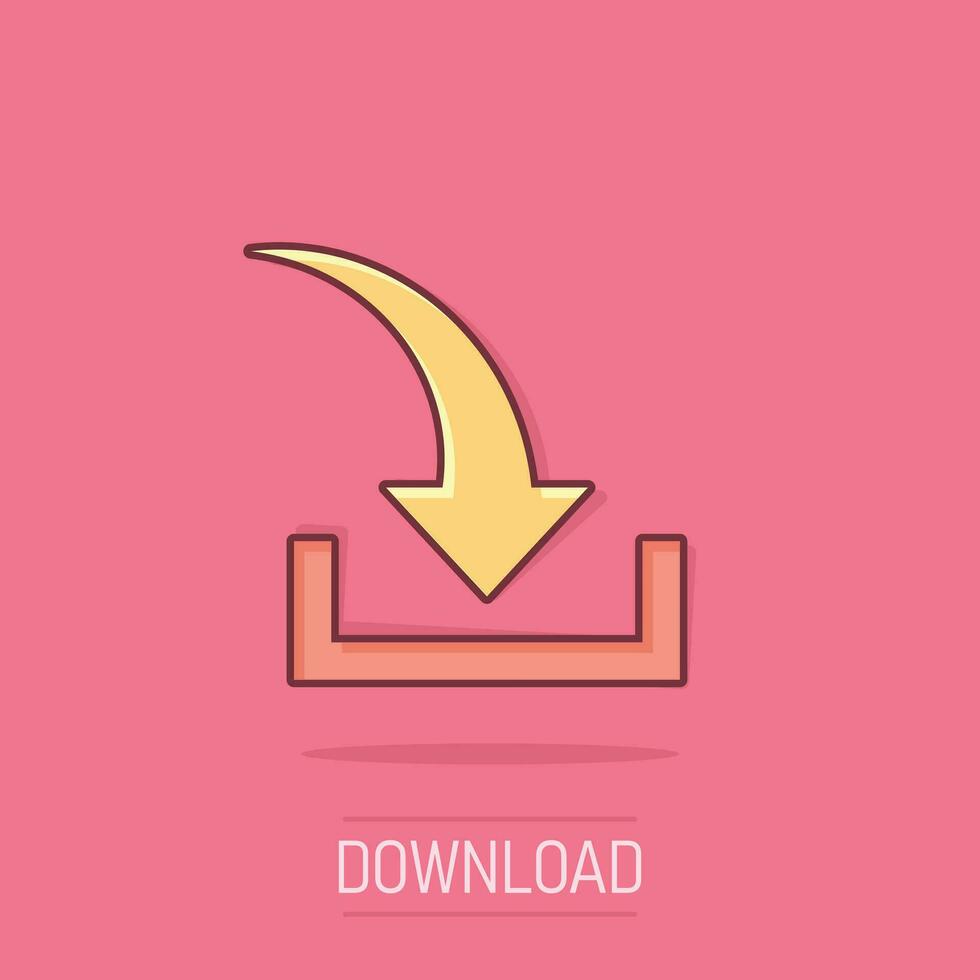 Download file icon in comic style. Arrow down downloading vector cartoon illustration pictogram. Download business concept splash effect.