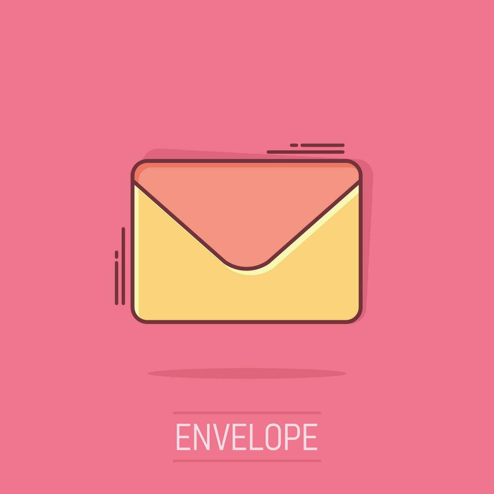 Mail envelope icon in comic style. Receive email letter spam vector cartoon illustration pictogram. Mail communication business concept splash effect.