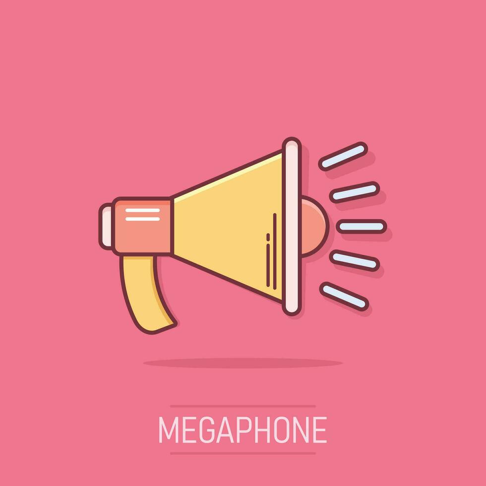 Megaphone speaker icon in comic style. Bullhorn audio announcement vector cartoon illustration pictogram. Megaphone broadcasting business concept splash effect.