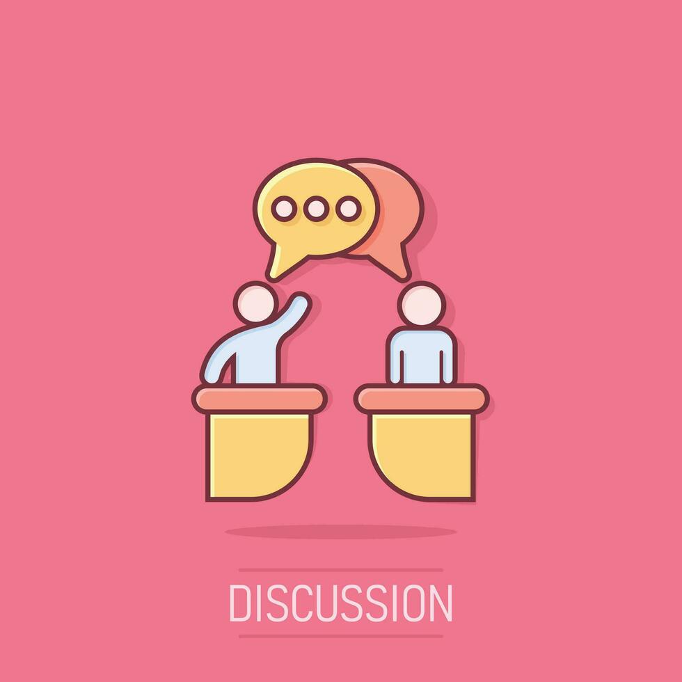 Politic debate icon in comic style. Presidential debates vector cartoon illustration pictogram. Businessman discussion business concept splash effect.