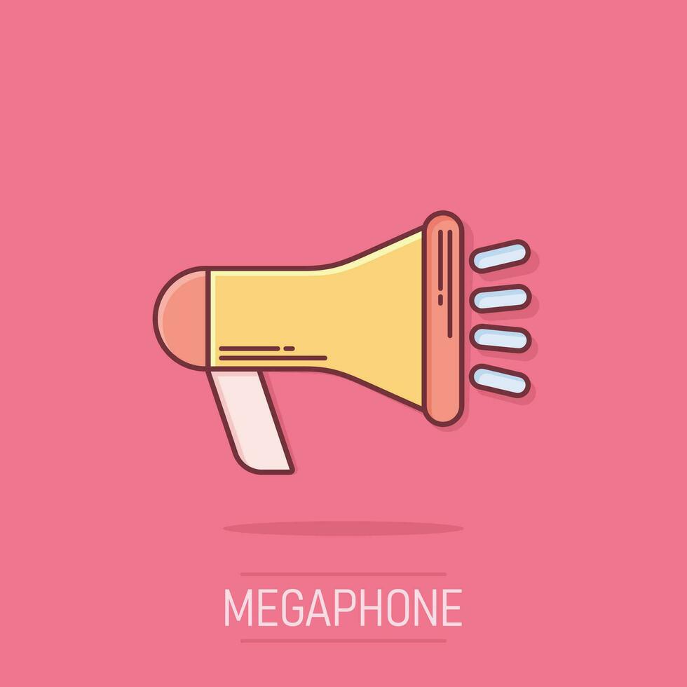 Megaphone speaker icon in comic style. Bullhorn audio announcement vector cartoon illustration pictogram. Megaphone broadcasting business concept splash effect.