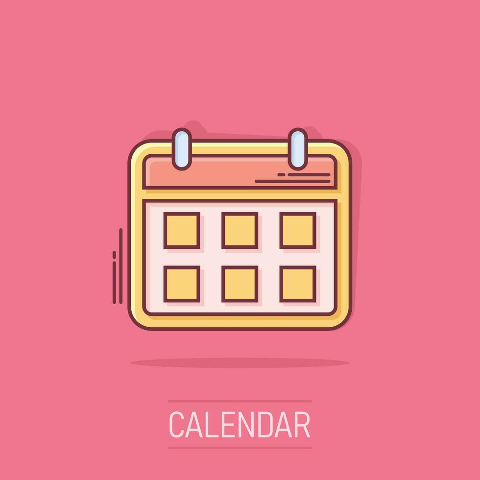 icono de agenda de calendario en estilo cómico. pictograma de ilustración de dibujos animados de vector de planificador. efecto de salpicadura de concepto de negocio de calendario.