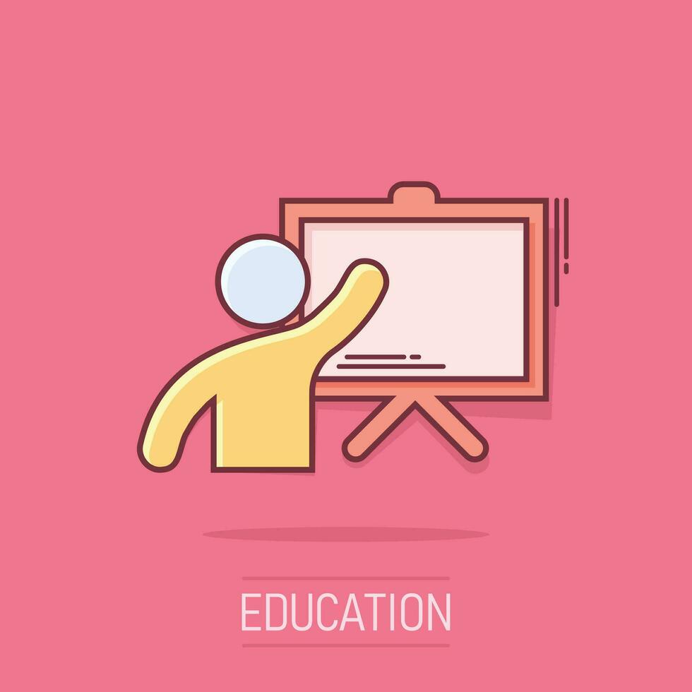 Training education icon in comic style. People seminar vector cartoon illustration pictogram. School classroom lesson business concept splash effect.