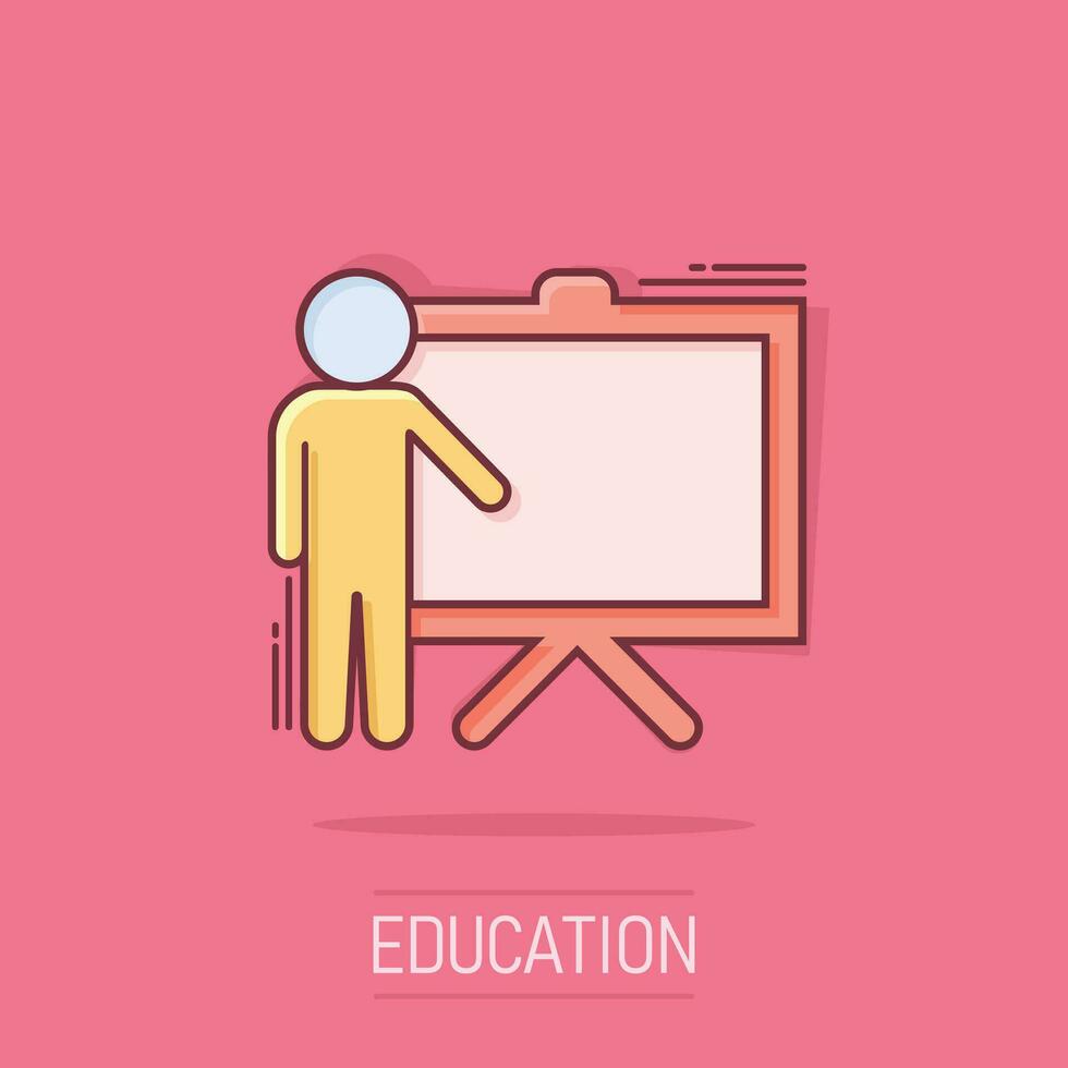 Training education icon in comic style. People seminar vector cartoon illustration pictogram. School classroom lesson business concept splash effect.