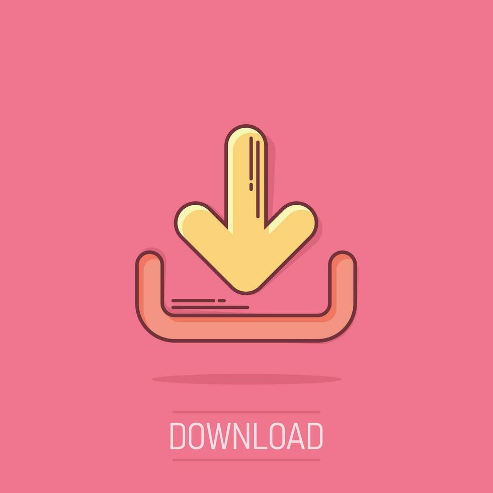 Download file icon in comic style. Arrow down downloading vector cartoon illustration pictogram. Download business concept splash effect.