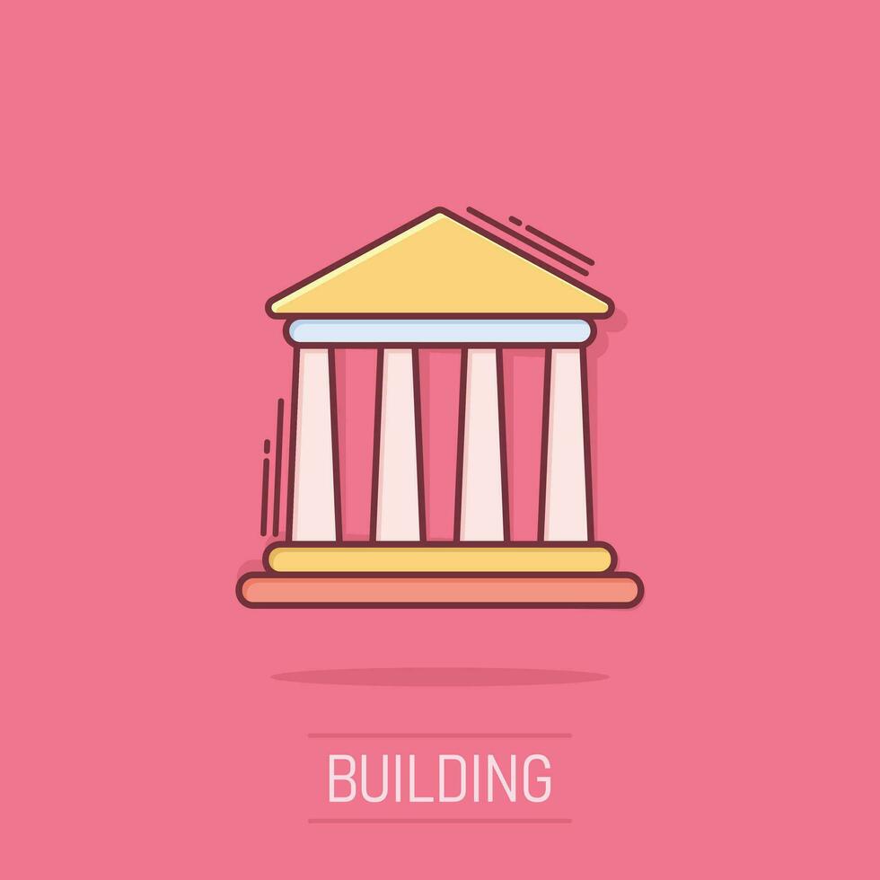 Bank building icon in comic style. Government architecture vector cartoon illustration pictogram. Museum exterior business concept splash effect.