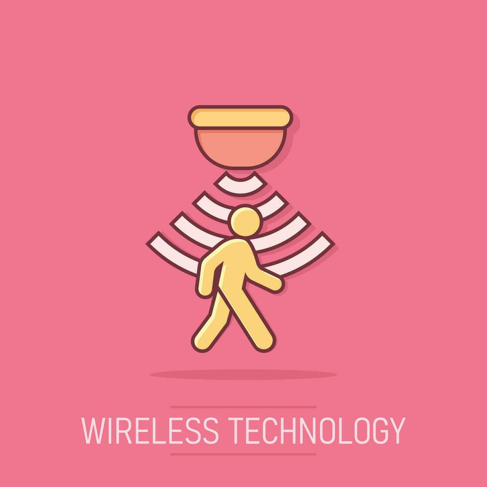 Motion sensor icon in comic style. Sensor waves with man vector cartoon illustration pictogram. People security connection business concept splash effect.