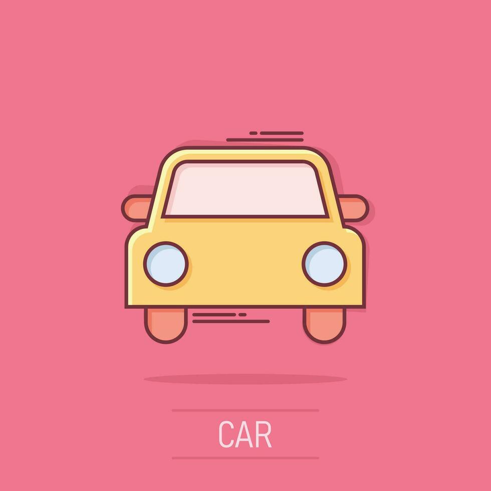 Car icon in comic style. Automobile car vector cartoon illustration pictogram. Auto business concept splash effect.