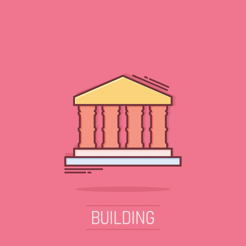 icono de edificio de banco en estilo cómico. Pictograma de ilustración de dibujos animados de vector de arquitectura de gobierno. efecto de salpicadura del concepto de negocio exterior del museo.